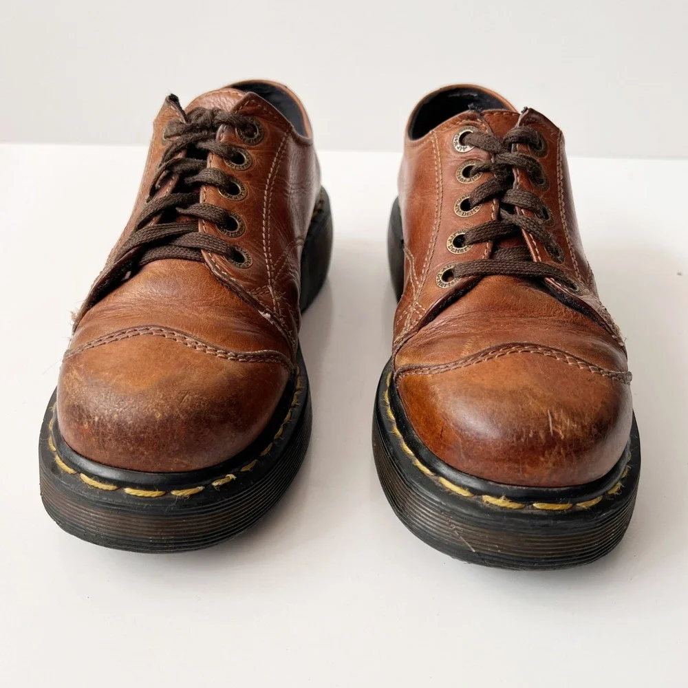 Vintage Dr. Martens Platform Oxfords Brown Leather Chunky Mary Jane Boots Size 8